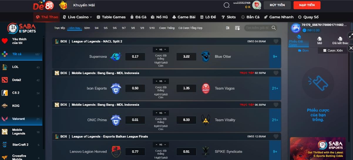 DE88 Giới Thiệu Sảnh Cá Cược E-sports De88 Với Hệ Thống Kèo Đa Dạng